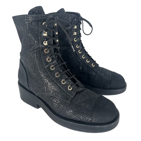 Chanel 2022 CC Logo Glitter Combat Boots Black Runway Virginie Viard 38.5 - Picture 5 of 16
